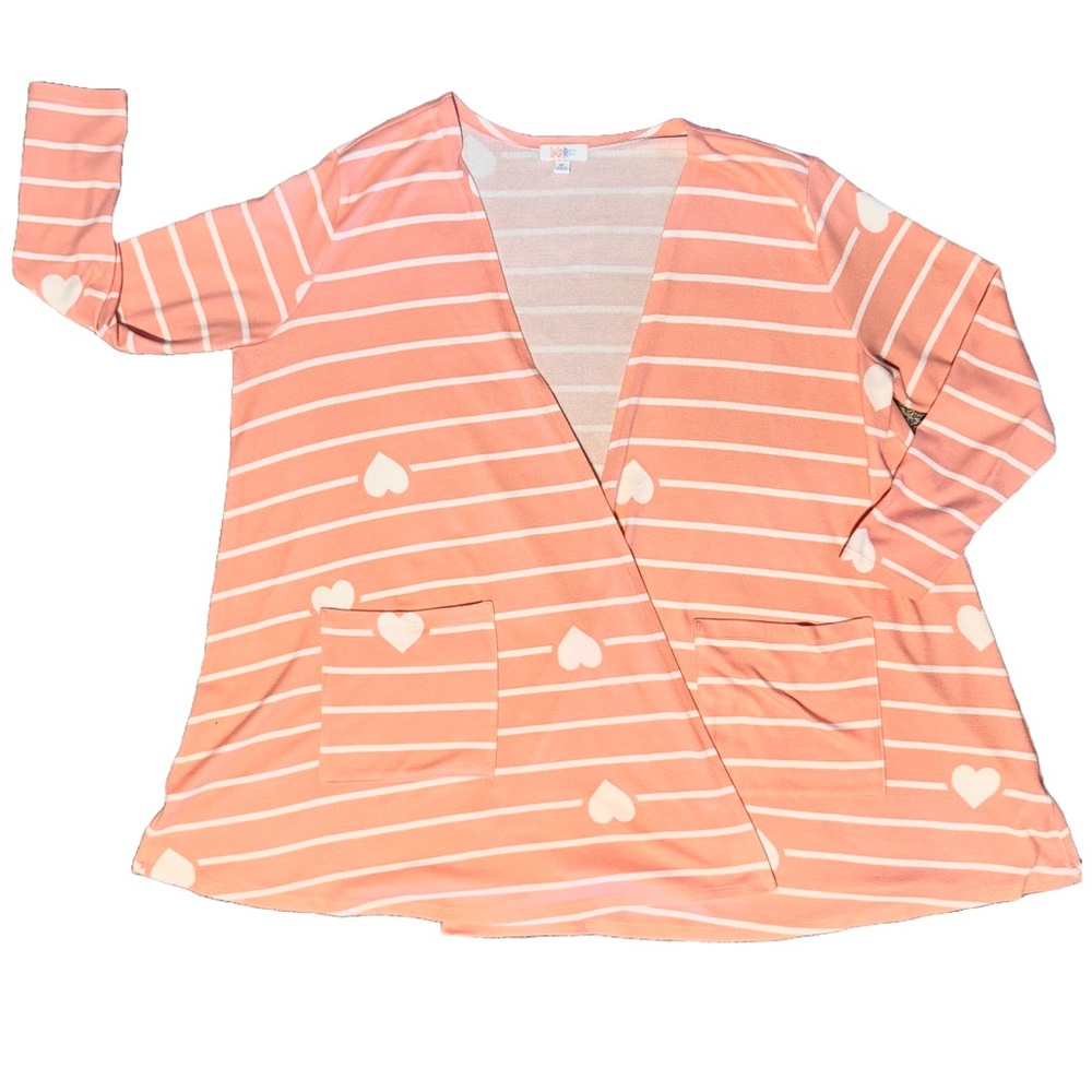 Lularoe Caroline Swing (A-line) Cardigan Peach Heart Striped size XL